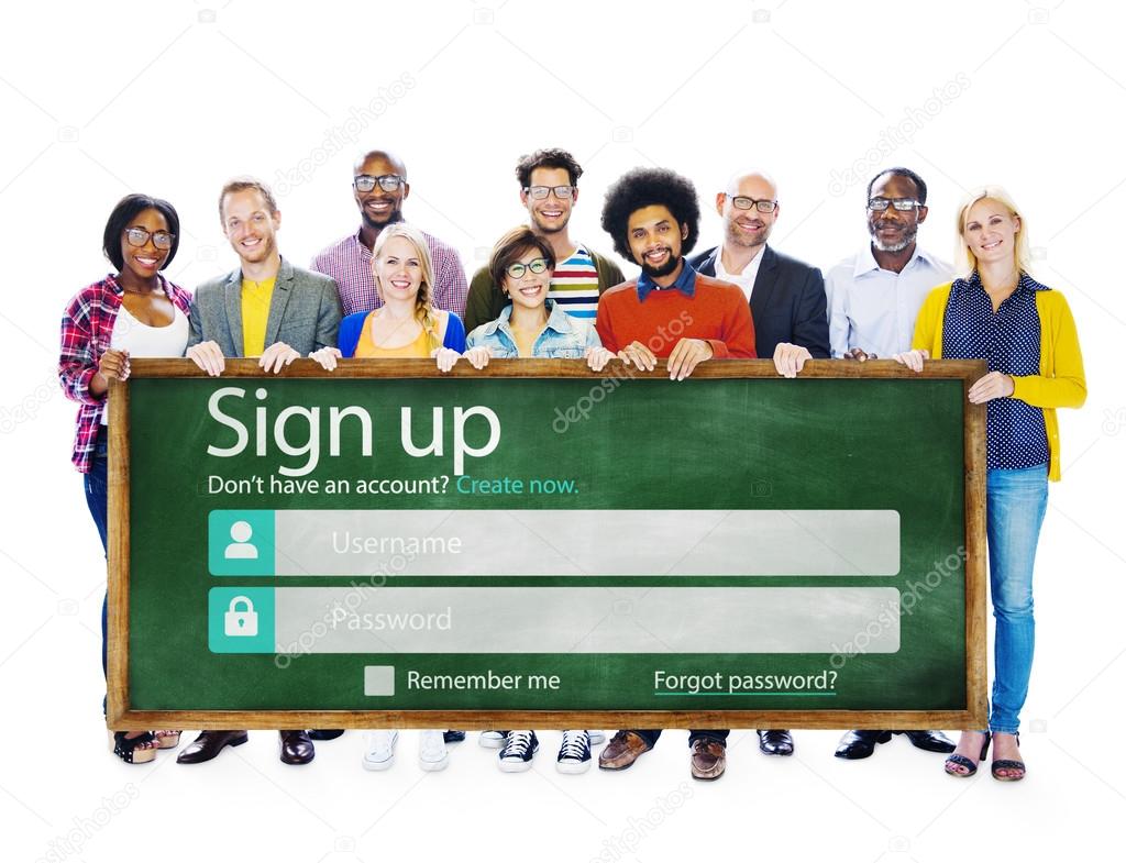 Diverse people and Sign Up Register