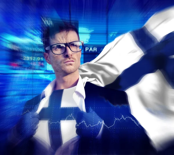 Επιχειρηματίας Superhero με σημαία της Φινλανδίας — Φωτογραφία Αρχείου