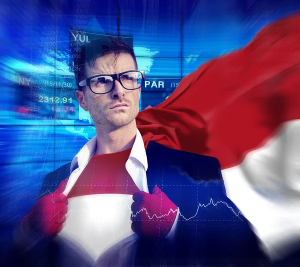 Επιχειρηματίας Superhero με σημαία της Ινδονησίας — Φωτογραφία Αρχείου