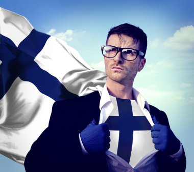 Finlandiya bayrağı ile işadamı süper kahraman