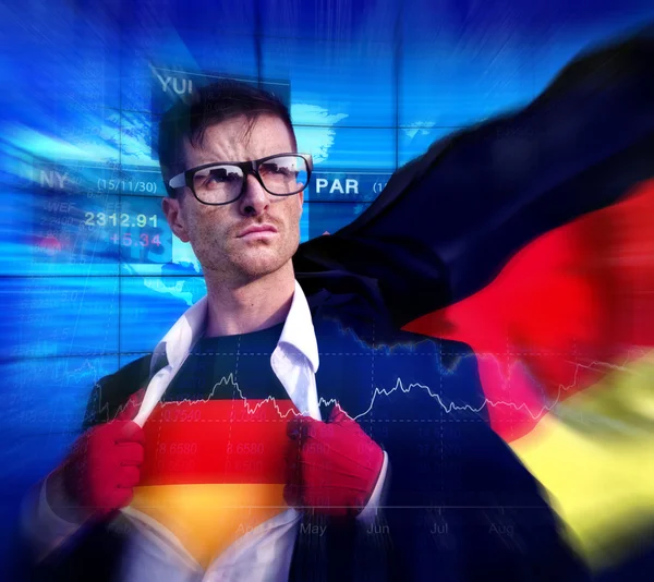 Superhrdina podnikatel s německou vlajkou — Stock fotografie