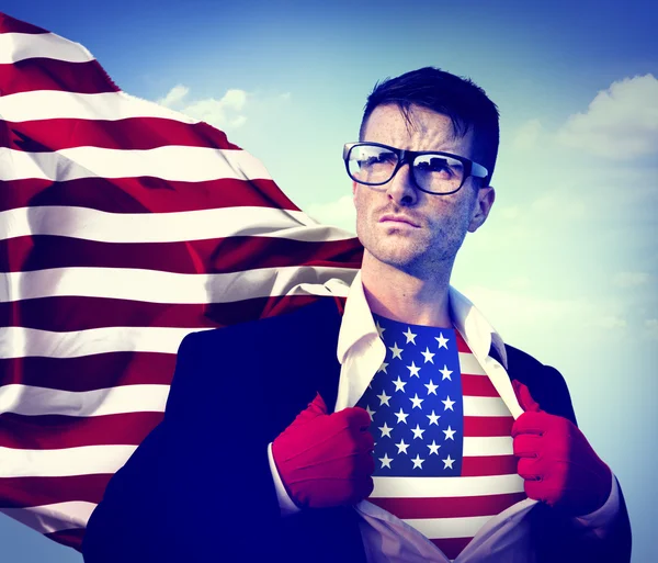 Superhero Businessman with American Flag — Stock Photo, Image