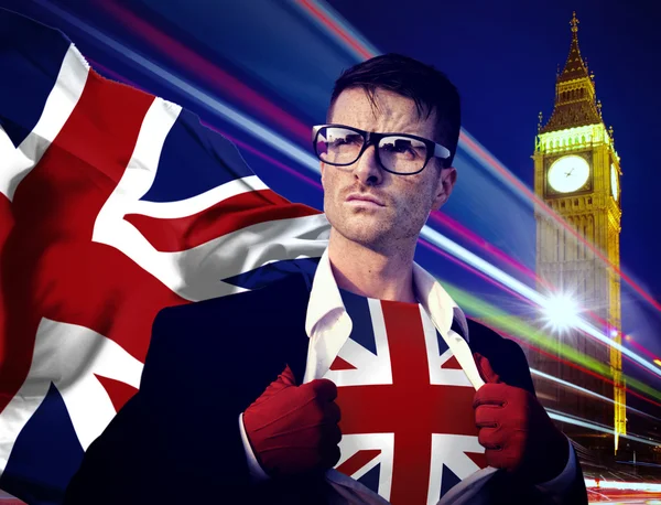 Superhjälte affärsman med England flagga — Stockfoto