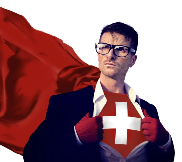 Biznesmen Superhero z flaga Szwajcarii — Zdjęcie stockowe