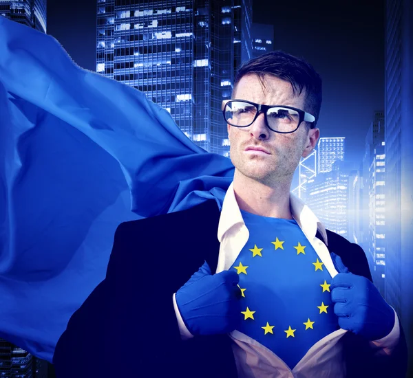 Superherói Empresário com Bandeira da União Européia — Fotografia de Stock