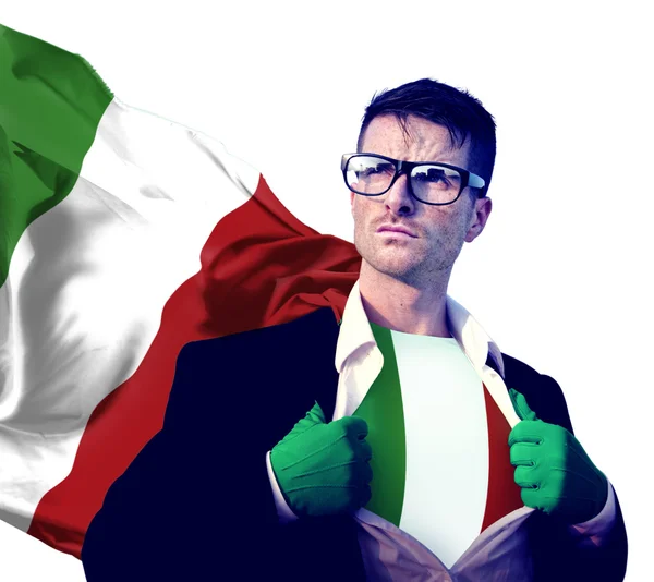 Superheld zakenman met Italiaanse vlag — Stockfoto