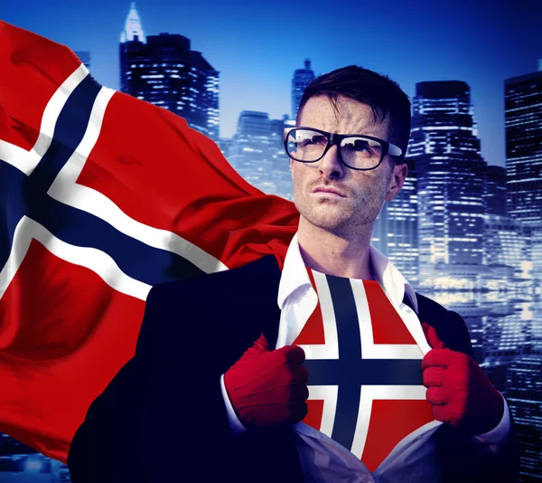 Biznesmen Superhero z flaga Norwegii — Zdjęcie stockowe