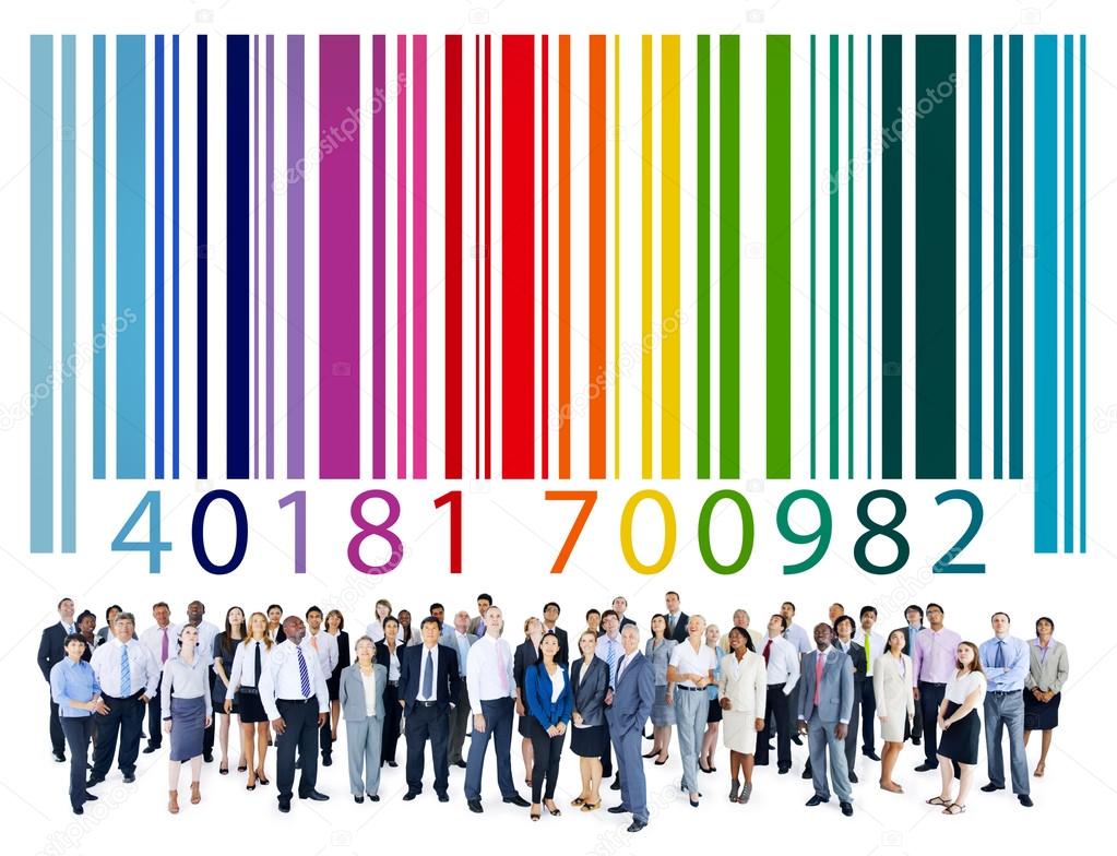 Diverse people and bar code