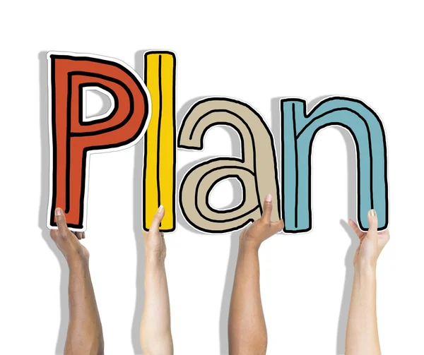 Grupp av händerna hålla ordet Plan — Stockfoto