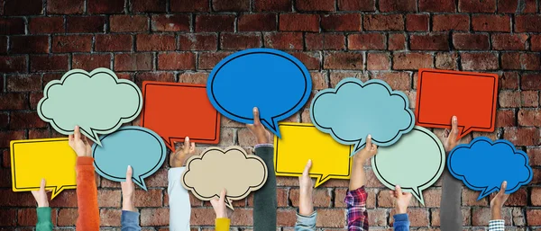 Diverse Hands Holding Colorful Speech Bubbles — Stock Photo, Image