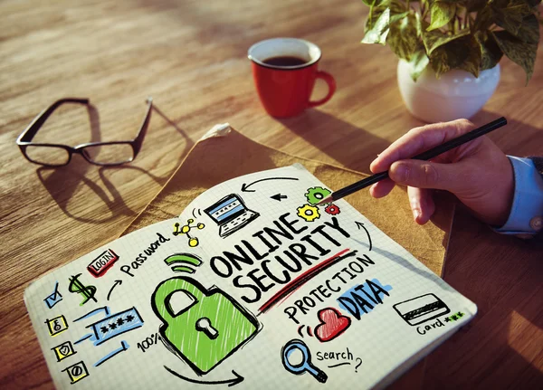 Sécurité en ligne Protection Internet Sécurité Homme d'affaires Rédaction — Photo