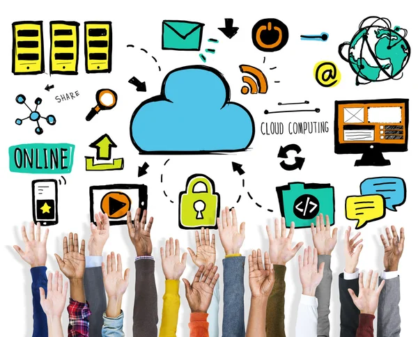 Diversità Mani e Cloud Computing Supporto dati — Foto Stock