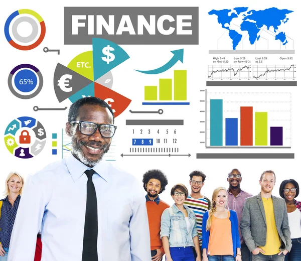 Grupp av människor och finance diagram — Stockfoto