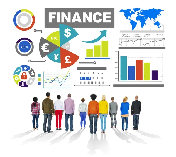 Grupp av människor och finance diagram — Stockfoto