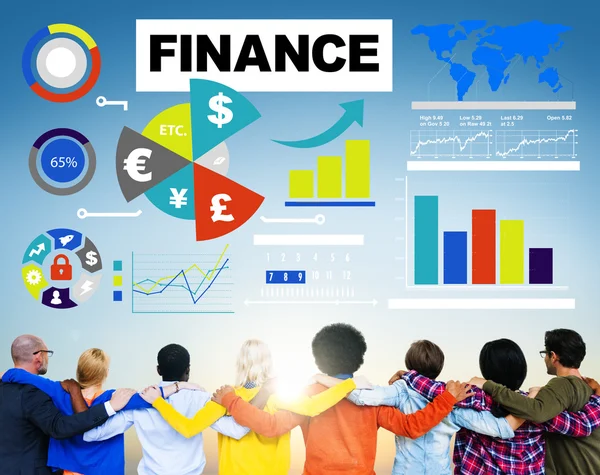 Grupp av människor och finance diagram — Stockfoto