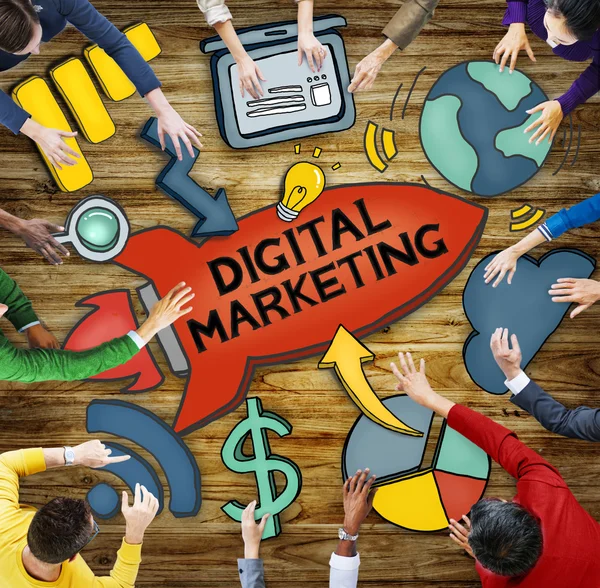 Gente Trabajo en equipo Concepto de Marketing Digital — Foto de Stock