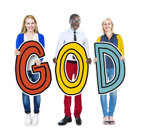 Groep mensen houden het woord God — Stockfoto