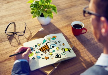 Online pazarlama kavramı çalışma planlaması iş adamı