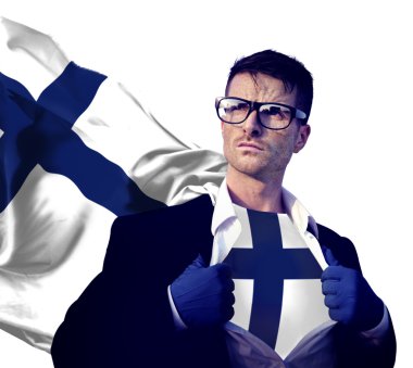 İşadamı süper kahraman Finlandiya bayrağı kavramı