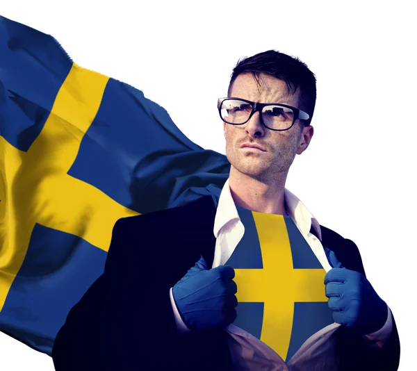 Επιχειρηματίας Superhero έννοια σημαία Σουηδίας — Φωτογραφία Αρχείου