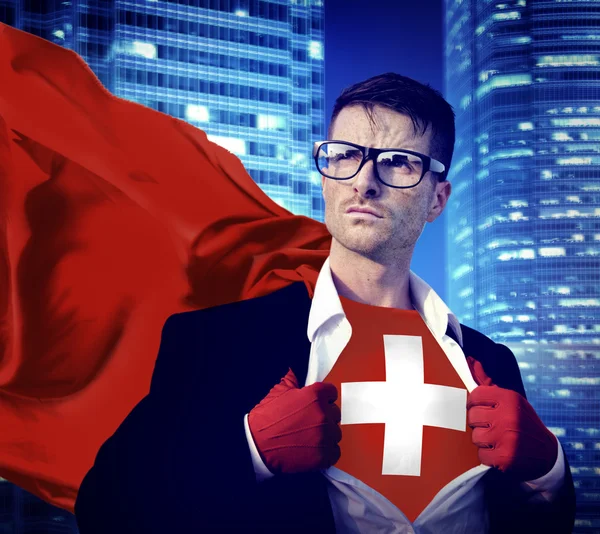 Biznesmen Superhero Szwajcaria flaga koncepcja — Zdjęcie stockowe