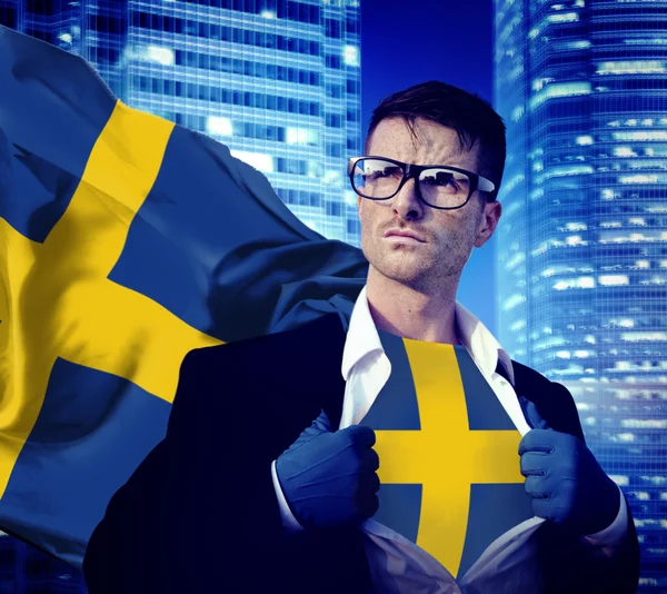 Biznesmen Superhero Szwecja flaga koncepcja — Zdjęcie stockowe