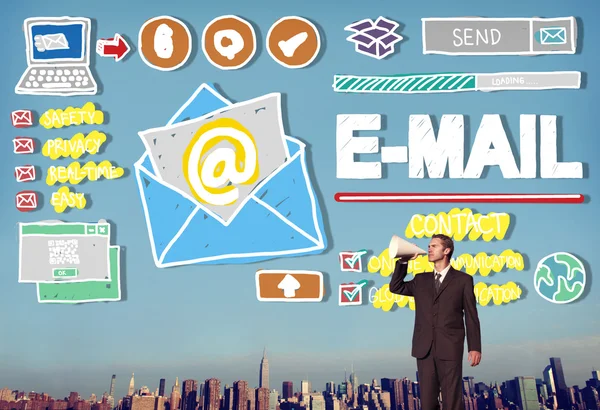 Uomo che parla in megafono e Email Concept — Foto Stock