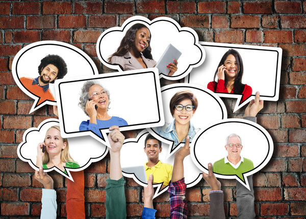 people holding speech bubbles