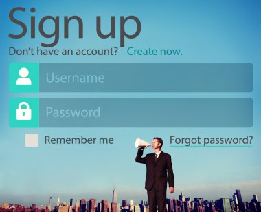 Cityscape karşı megafon ile işadamı