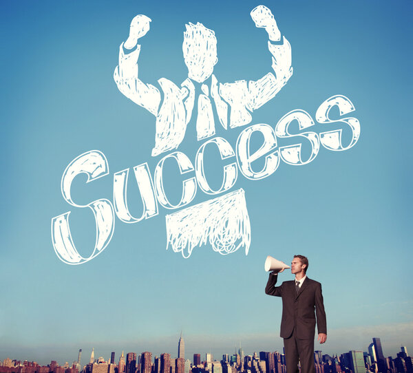 Businessman with megaphone against cityscape