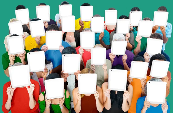 Diversity People Covering Faces by Digital Tablets — Stock Photo, Image