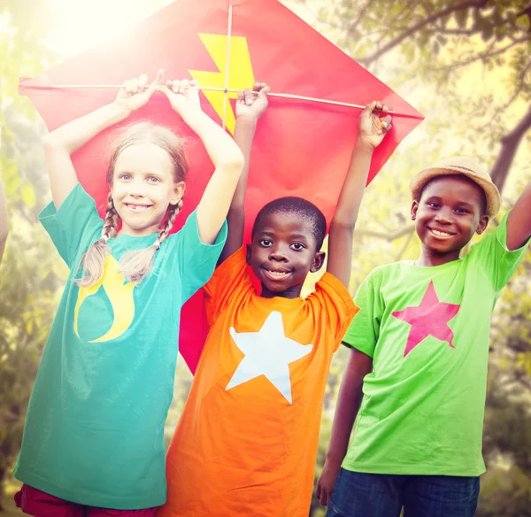 Kinderen spelen vliegers speelse concept — Stockfoto