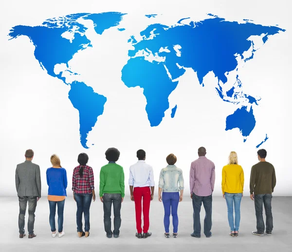 Group of diversity people and world map — Stock Photo, Image