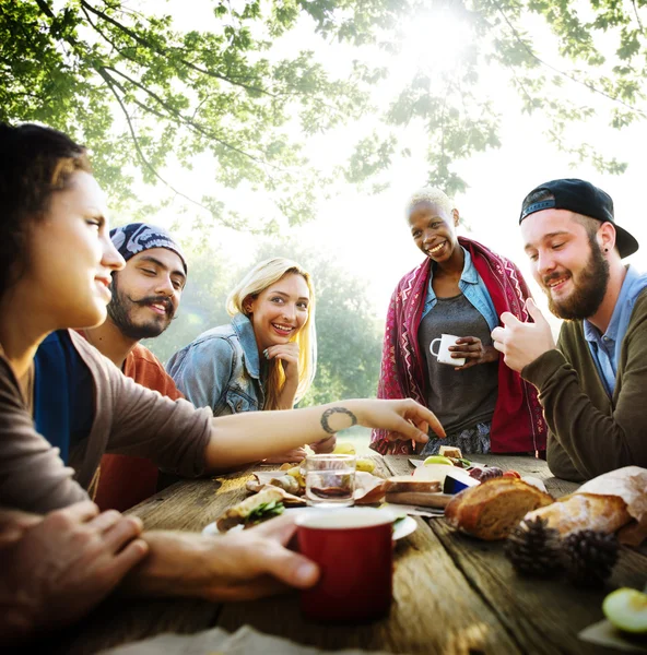 Друзья обедают под открытым небом, дружат — стоковое фото