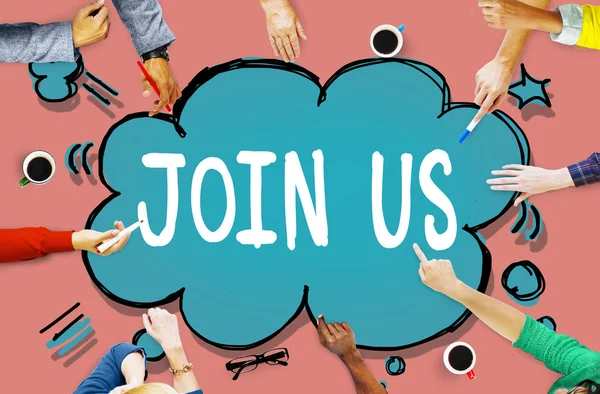 Üzerinde işaret eden iş adamları bize katılın