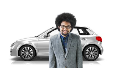 Mutlu adam, araba 3d illüstrasyon kavramı