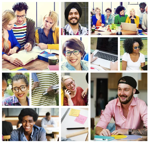 Diversiteit studenten met behulp van digitale apparaten — Stockfoto