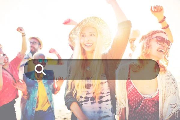 Cheerful friends hanging out on the beach party — Stock Photo, Image