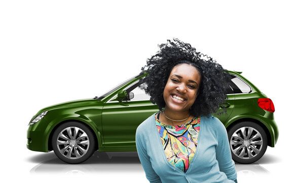 woman with green car in behind