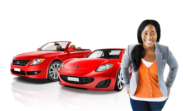 Girl and red cars — Stock Photo, Image