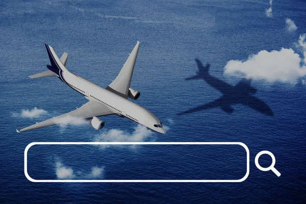 Vliegtuig in de lucht en zoekvak, Website Concept — Stockfoto
