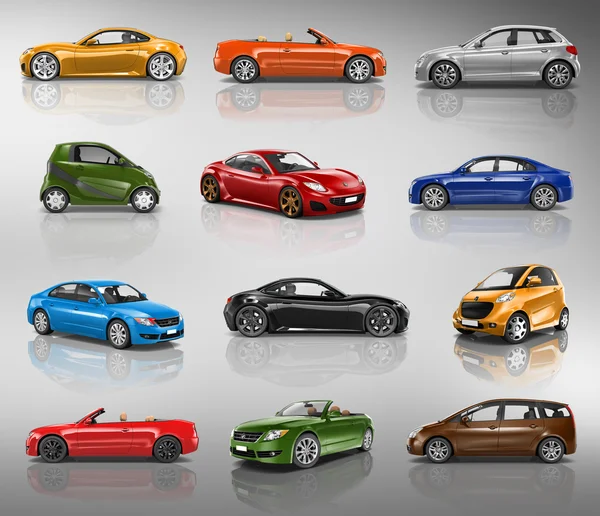 Autók, szállítás 3D-s illusztráció koncepció — Stock Fotó