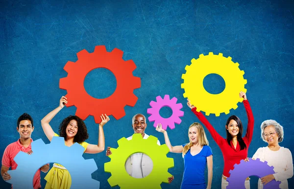 Diversity People holding Gears — Stock Photo, Image