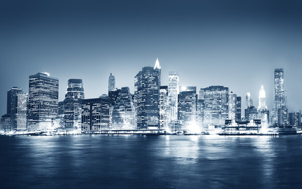 Buildings and Skyscrapers with Panoramic Night New York City Concept