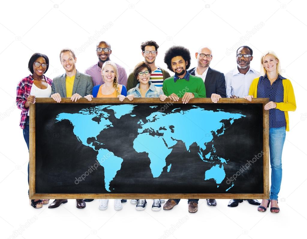 Group of diversity people and world map