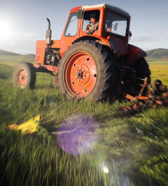 Mongolian farmer driving tractor — Stock Photo, Image