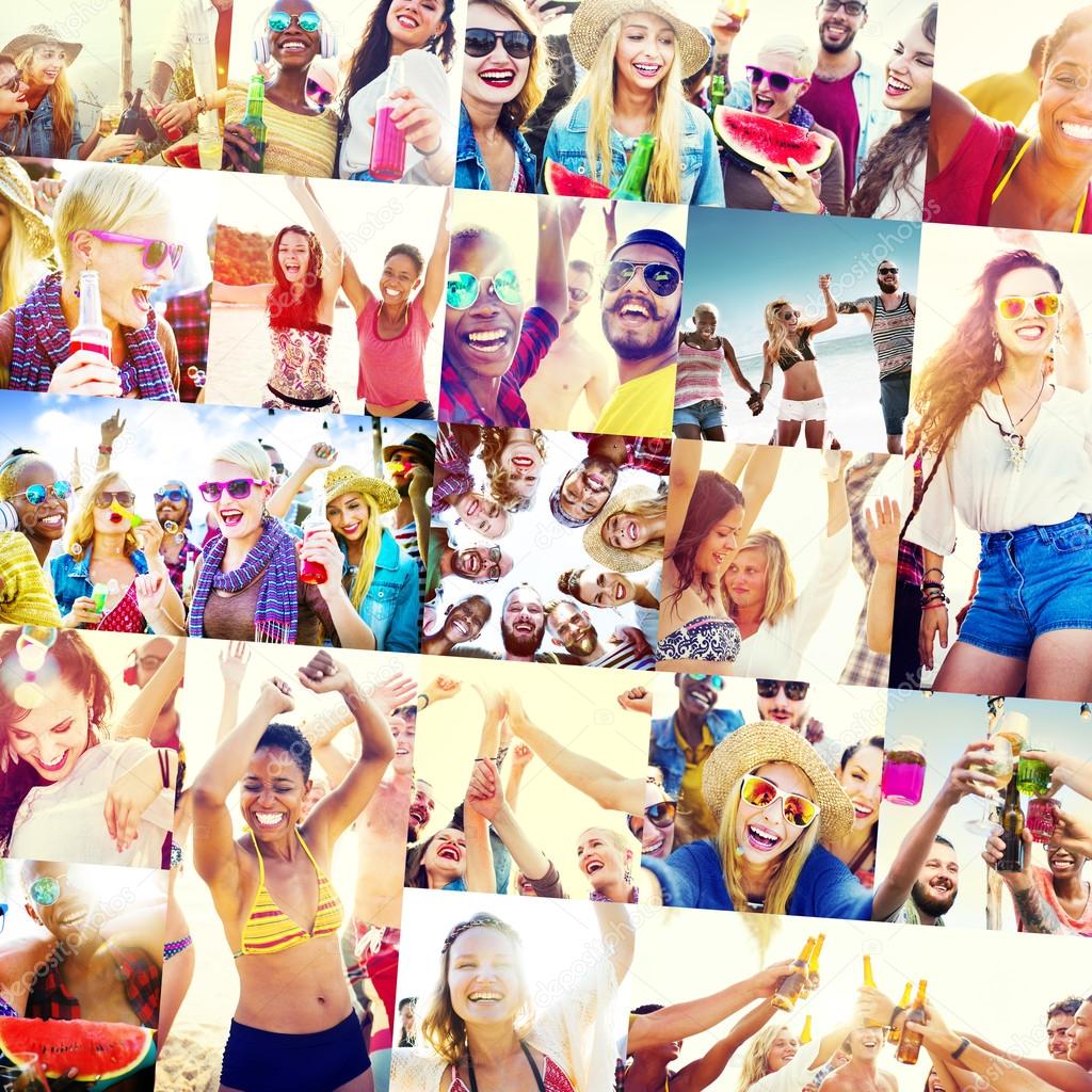 young diverse happy people on the beach