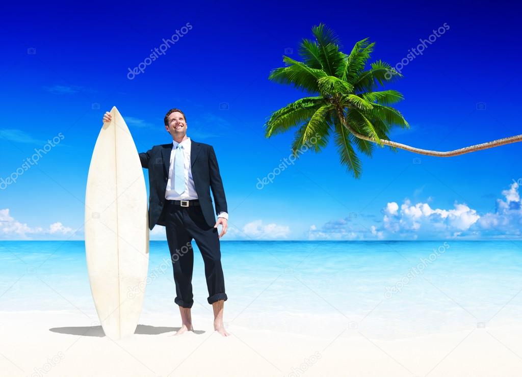 Businessman Surfboard on Beach Concept