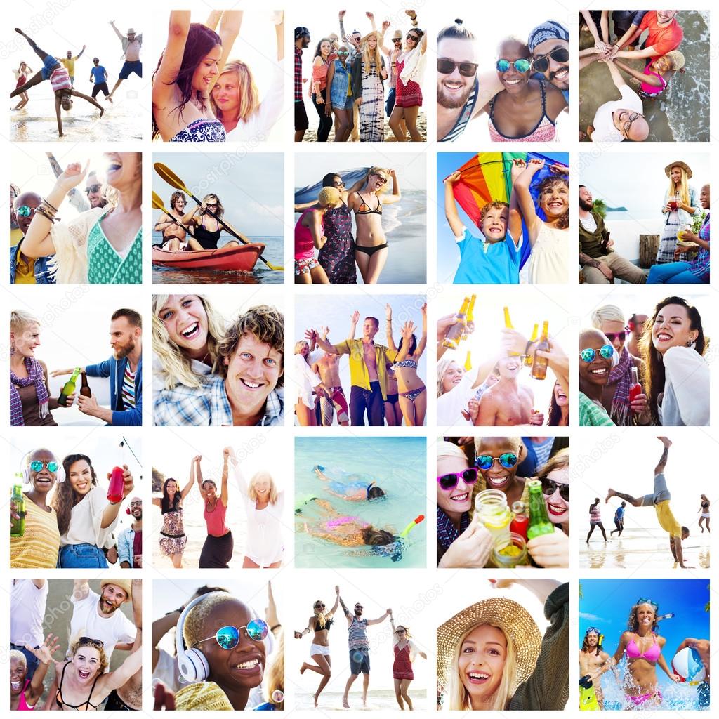 young diverse happy people on the beach