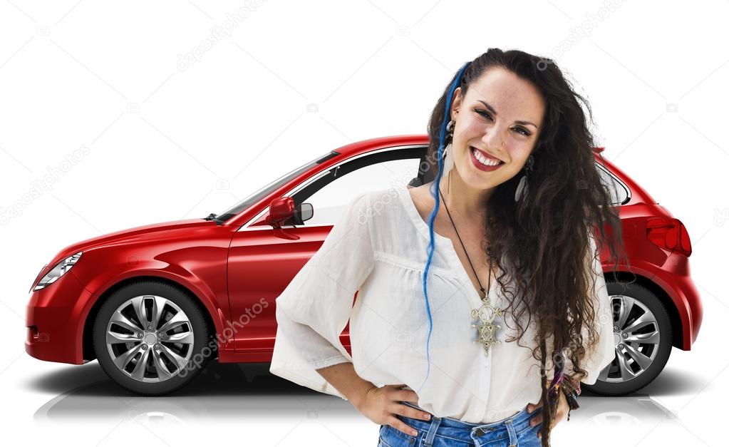 woman with car in behind